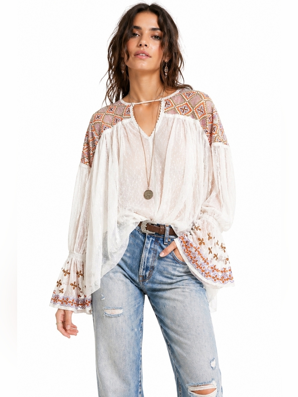 Free People Joyride Sheer Mesh Embroidered Top Ivory Boho Flowy S
